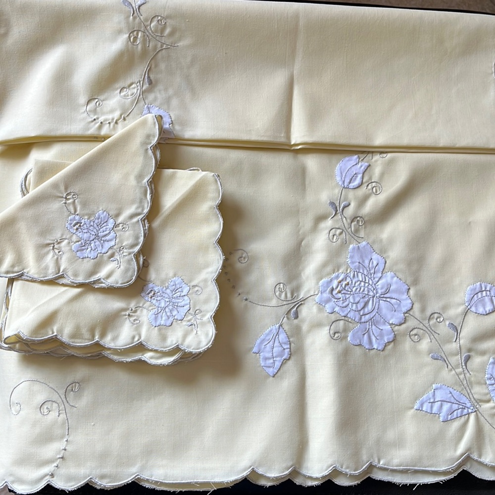 Embroidered linen tablecloth.
